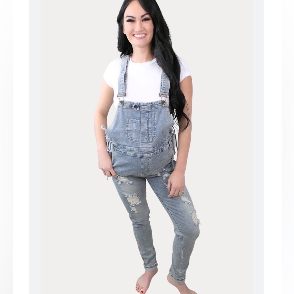NWT sexy mama light blue tie sides maternity overalls